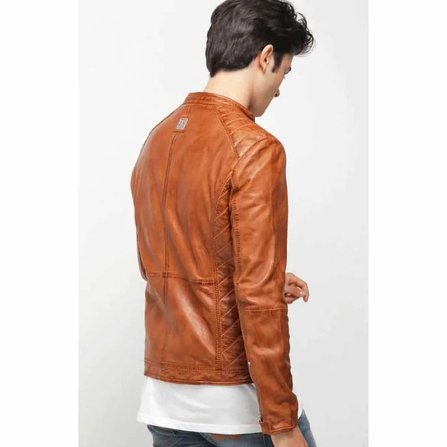 Mens Camel Brown Leather Biker Jacket