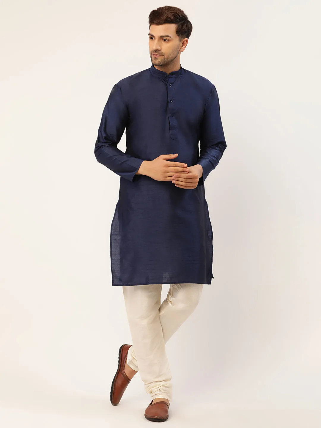 Men's Solid Kurta Pyjama With Blue Woven Design Nehru Jacket