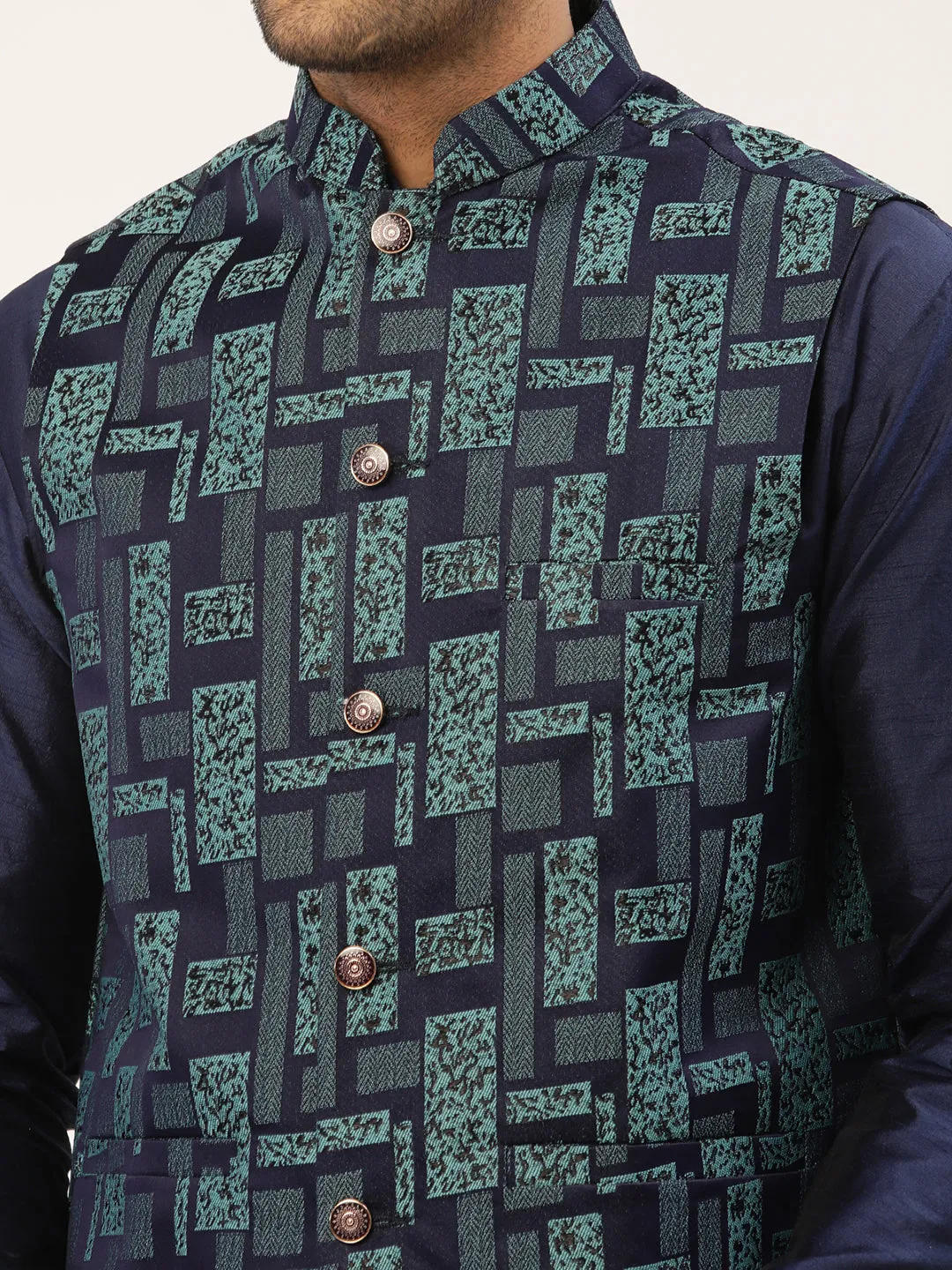 Men's Solid Kurta Pyjama With Blue Woven Design Nehru Jacket