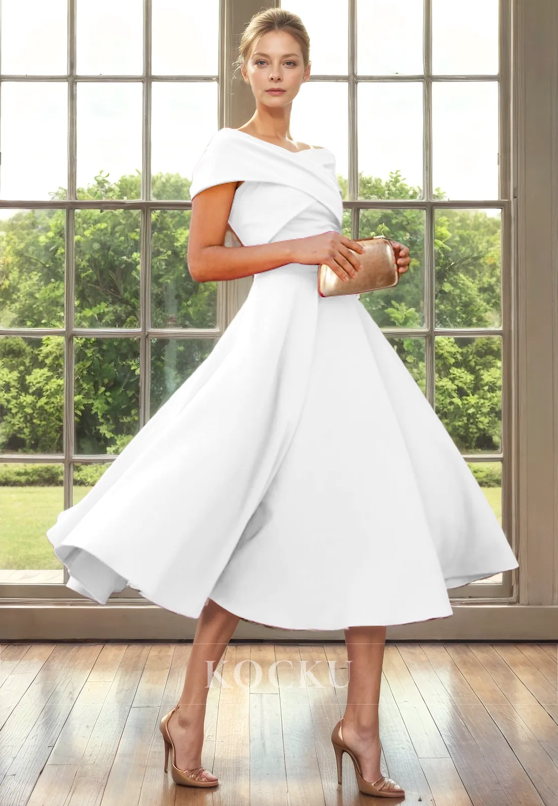 Simple & Casual Off-Shoulder A-Line Satin Cocktail Mother of the Bride Dress