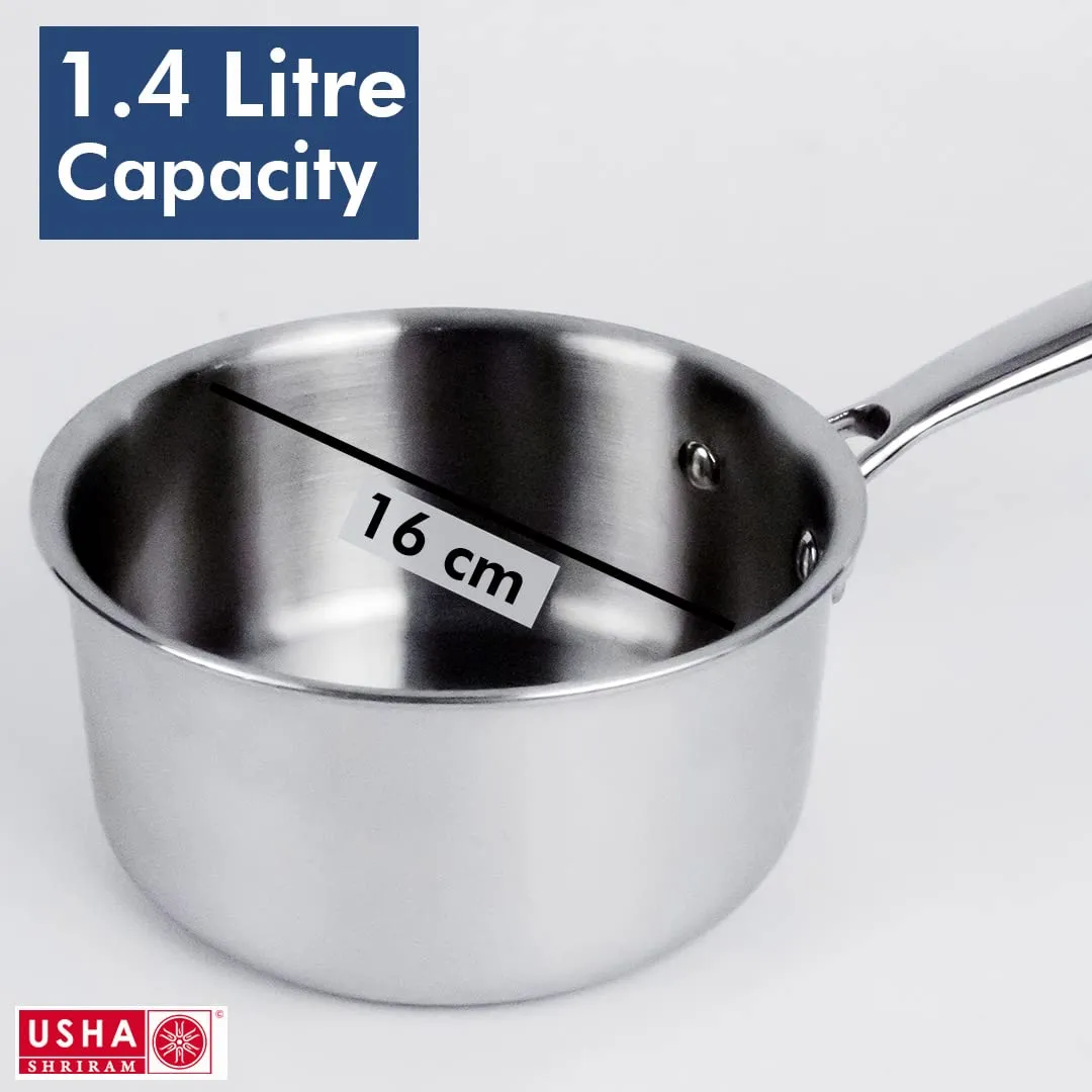 USHA SHRIRAM Triply Stainless Steel Sauce Pan with Lid | Stove & Induction Cookware | Heat Surround Cooking | Easy Grip Handles | Steel Tea & Milk Pan with Handle | Soup Pan (1.4L   2.1L)