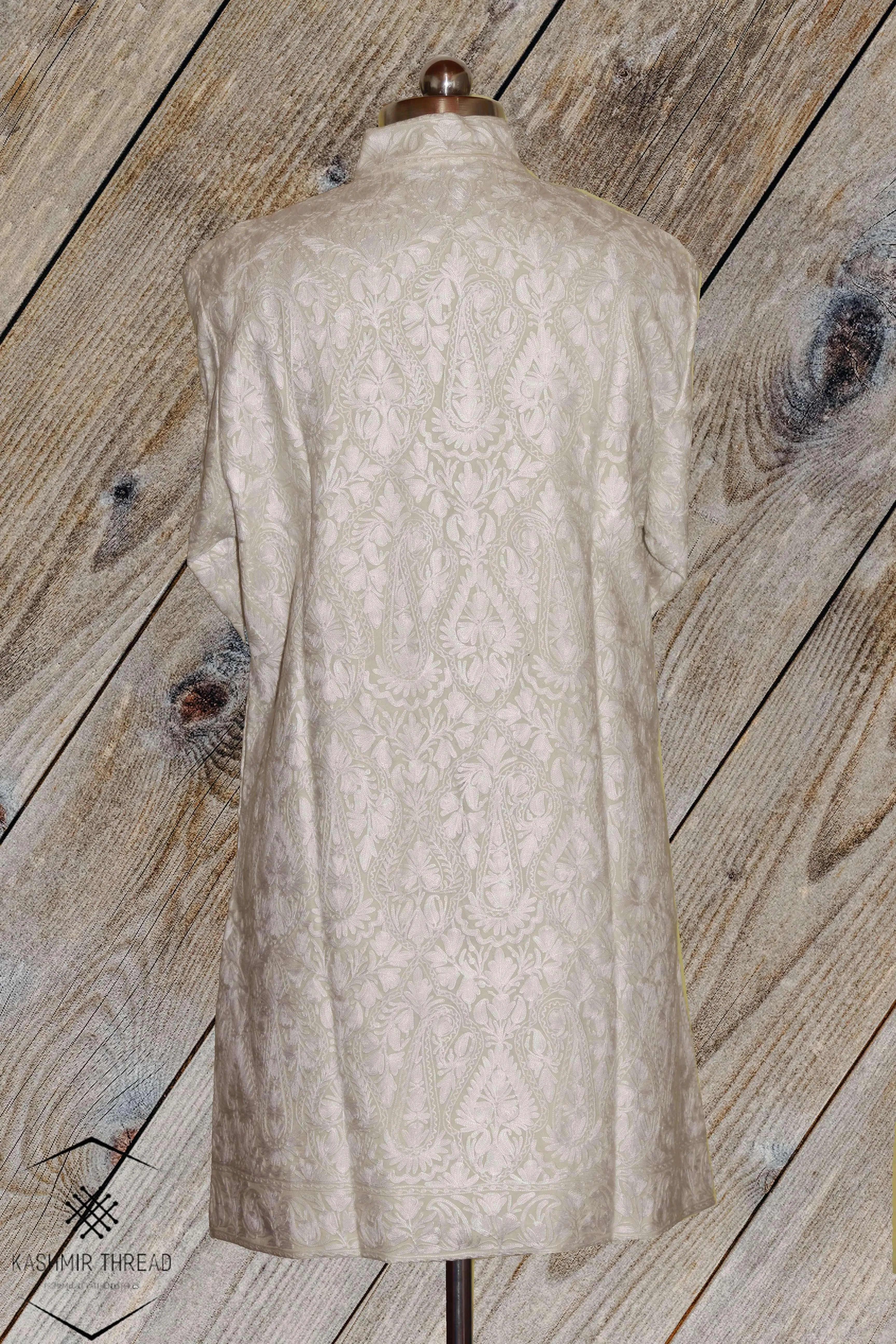 White Kashmiri Woolen Jacket with Aari Embroidery