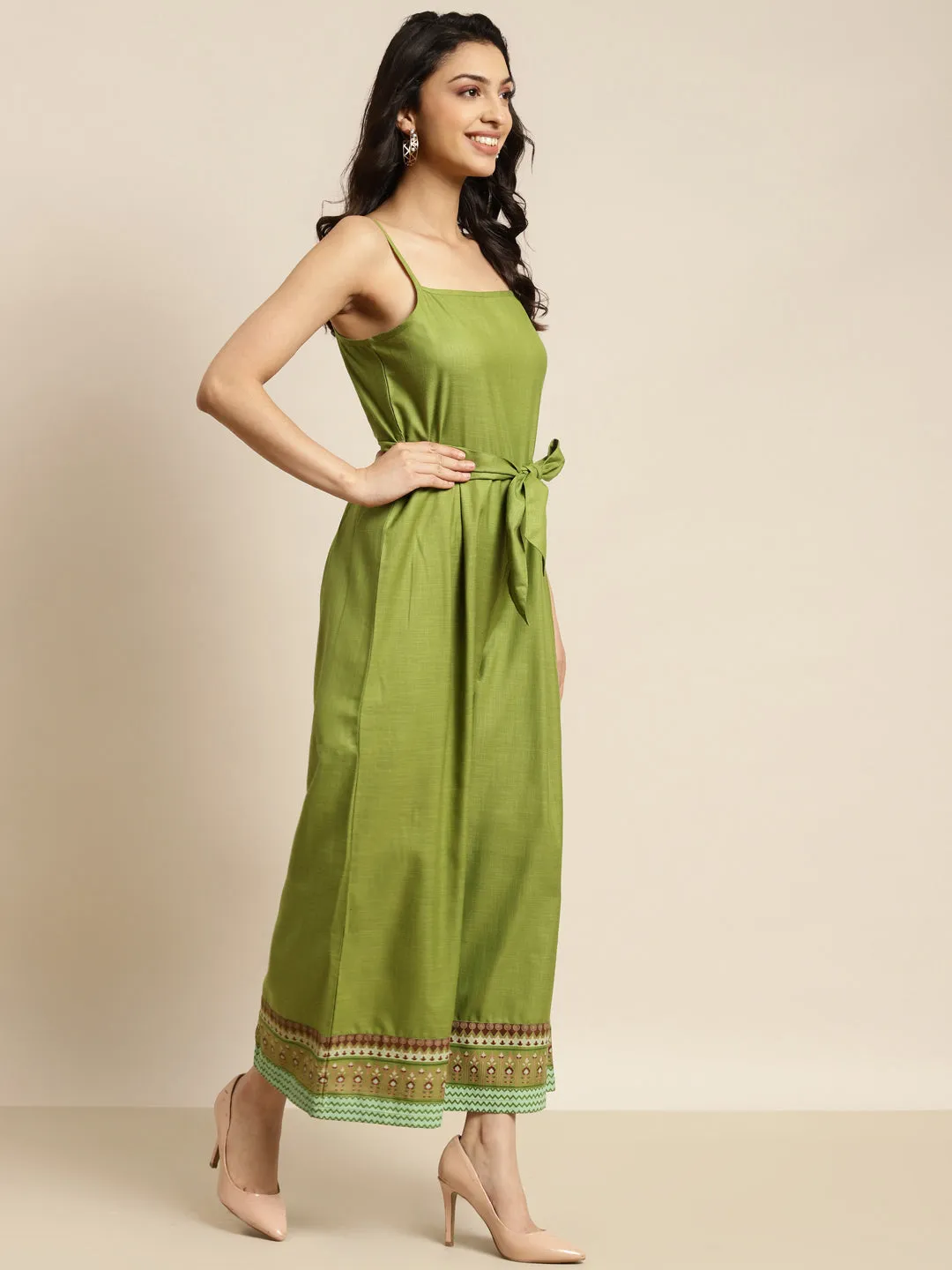 Women Green Floral Border Print Strappy Jumpsuit