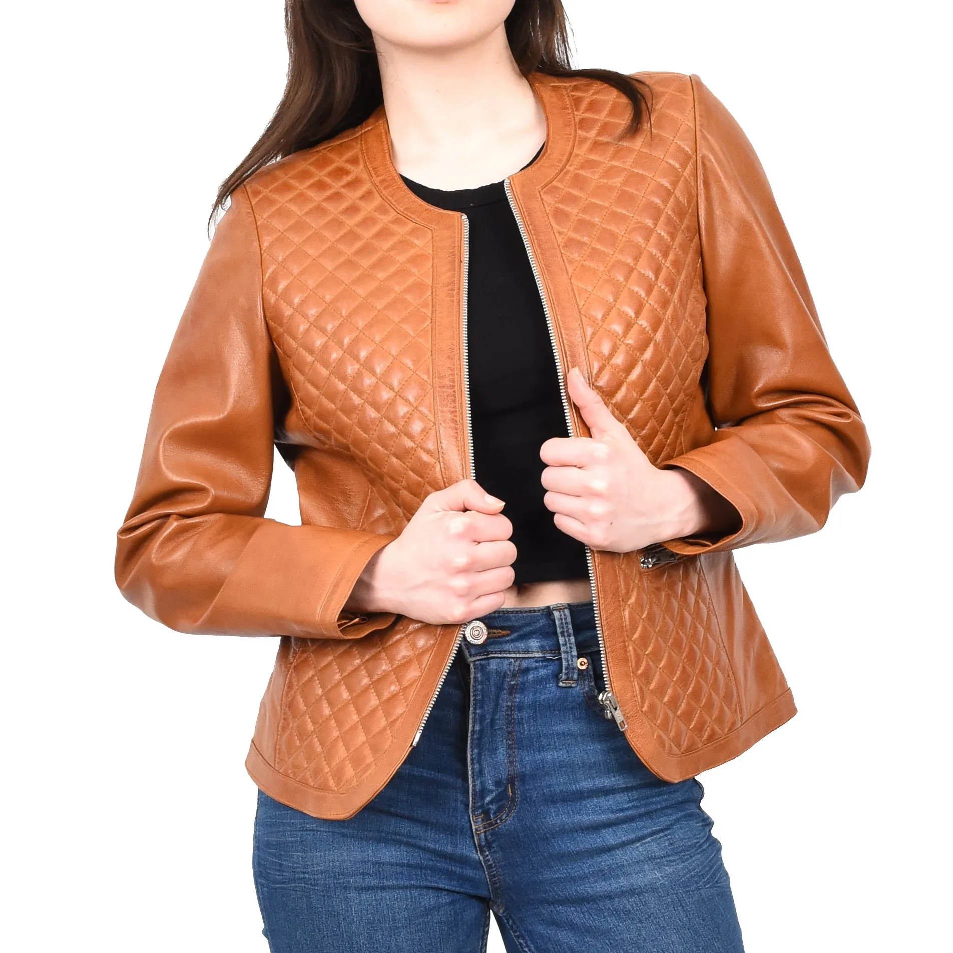 Women's Real Leather Smart Quilted Biker Style Jacket Tan Quiltara