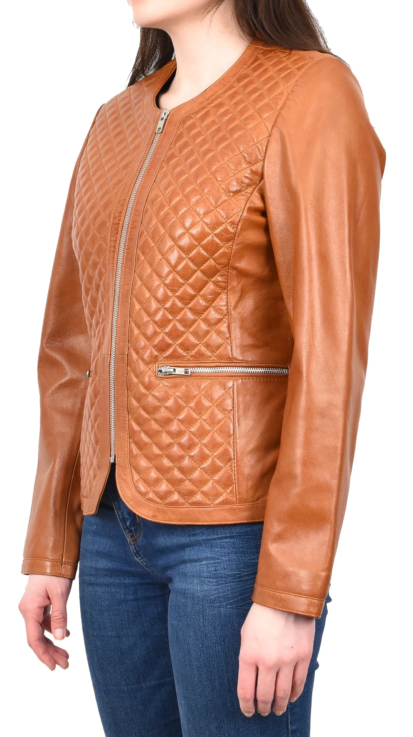 Women's Real Leather Smart Quilted Biker Style Jacket Tan Quiltara