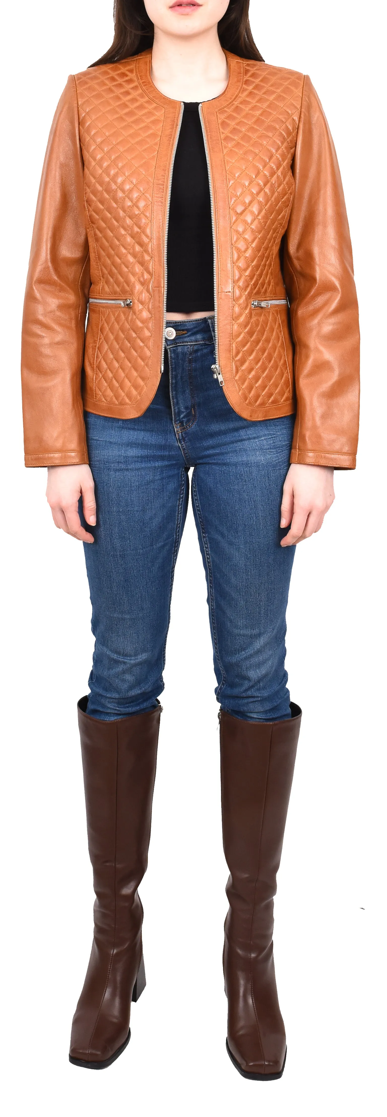 Women's Real Leather Smart Quilted Biker Style Jacket Tan Quiltara