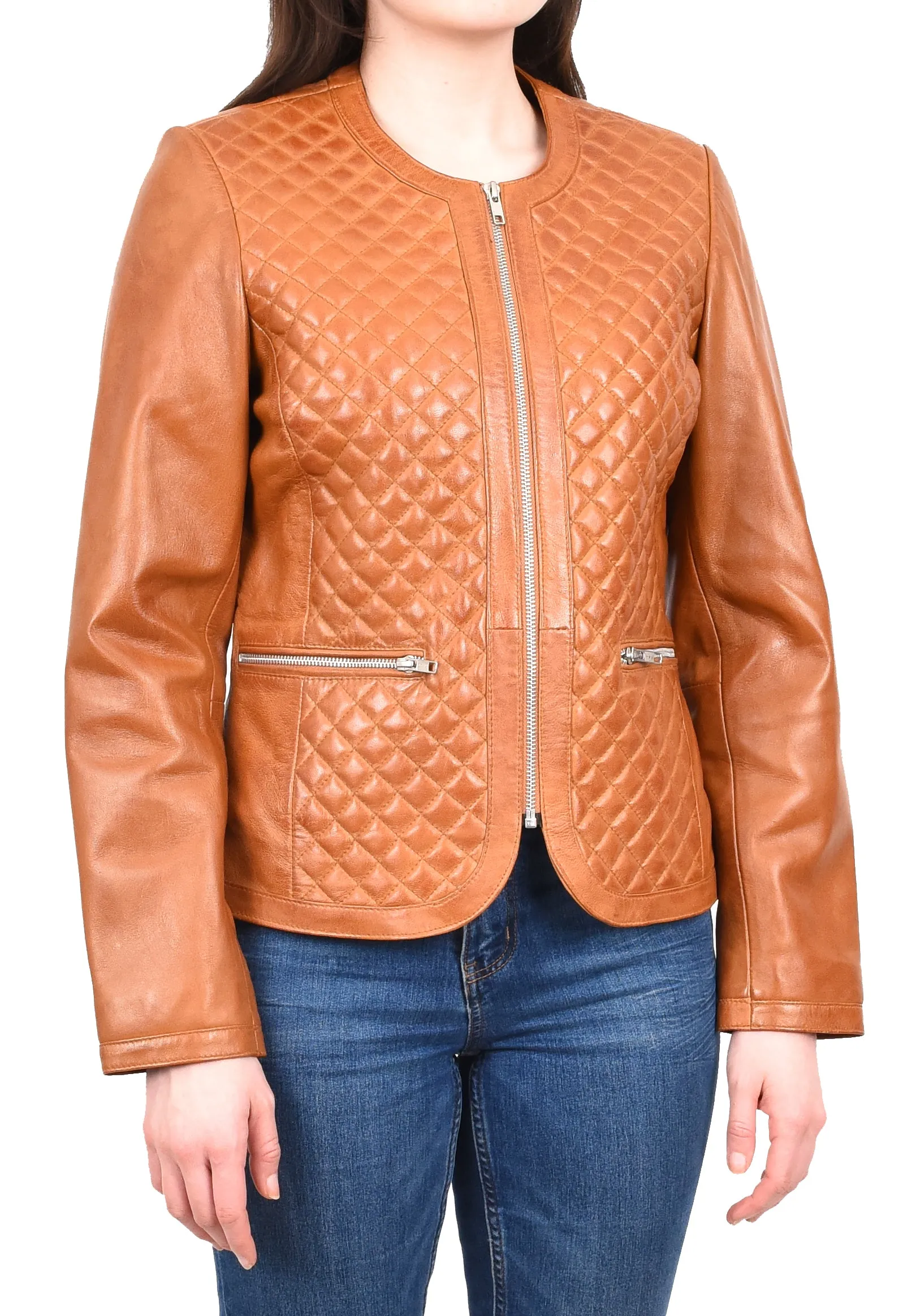 Women's Real Leather Smart Quilted Biker Style Jacket Tan Quiltara