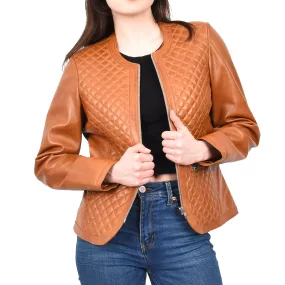 Women's Real Leather Smart Quilted Biker Style Jacket Tan Quiltara