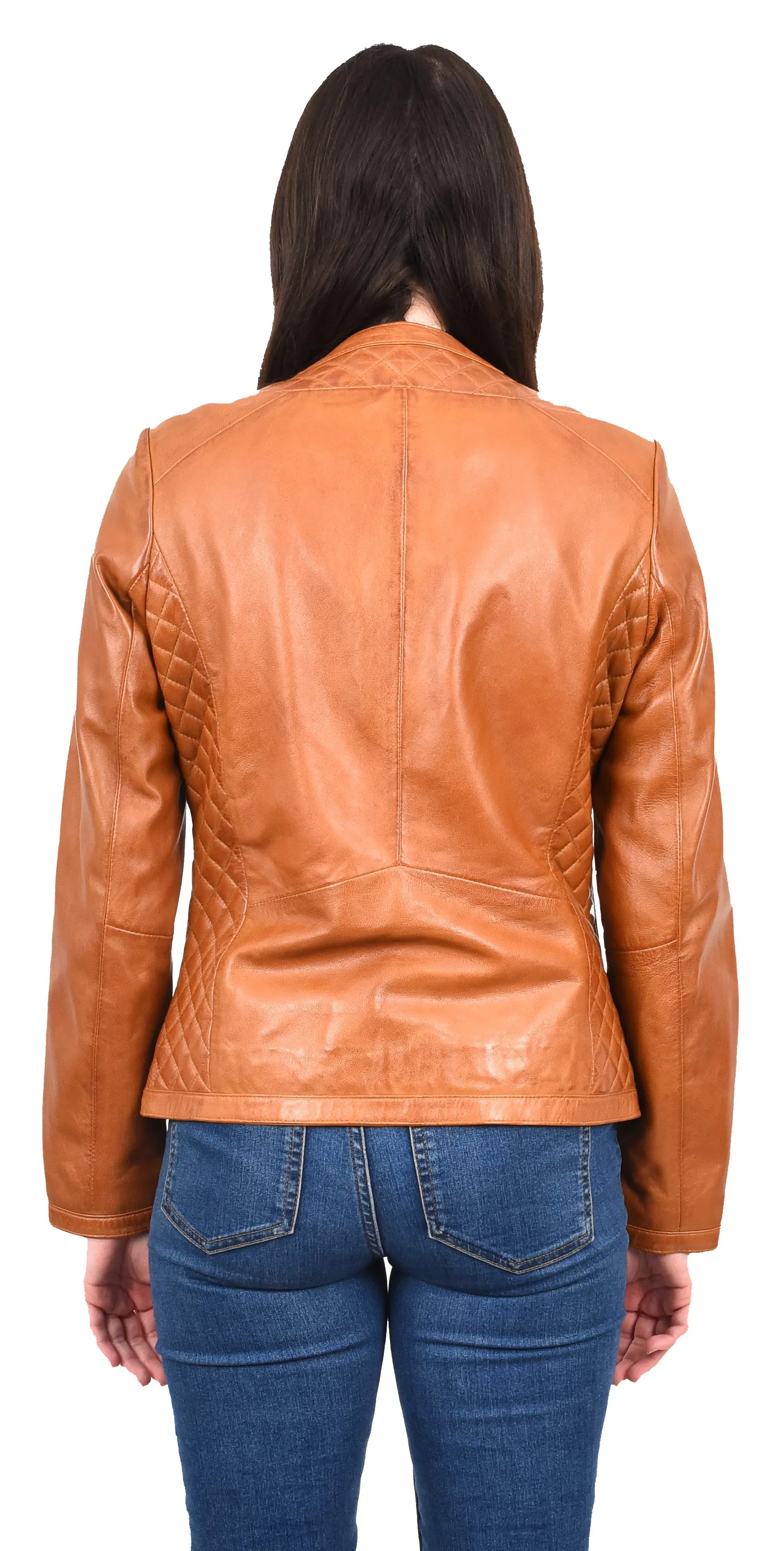 Women's Real Leather Smart Quilted Biker Style Jacket Tan Quiltara