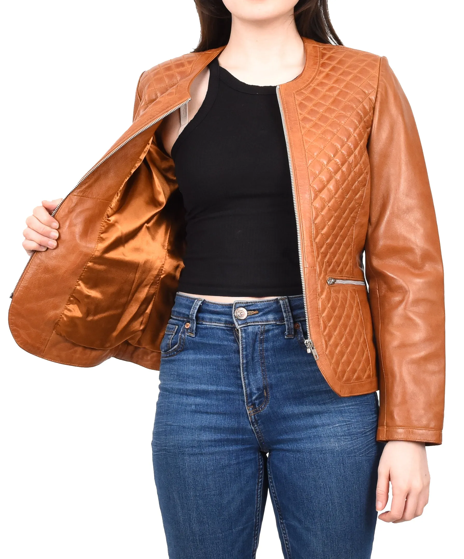 Women's Real Leather Smart Quilted Biker Style Jacket Tan Quiltara