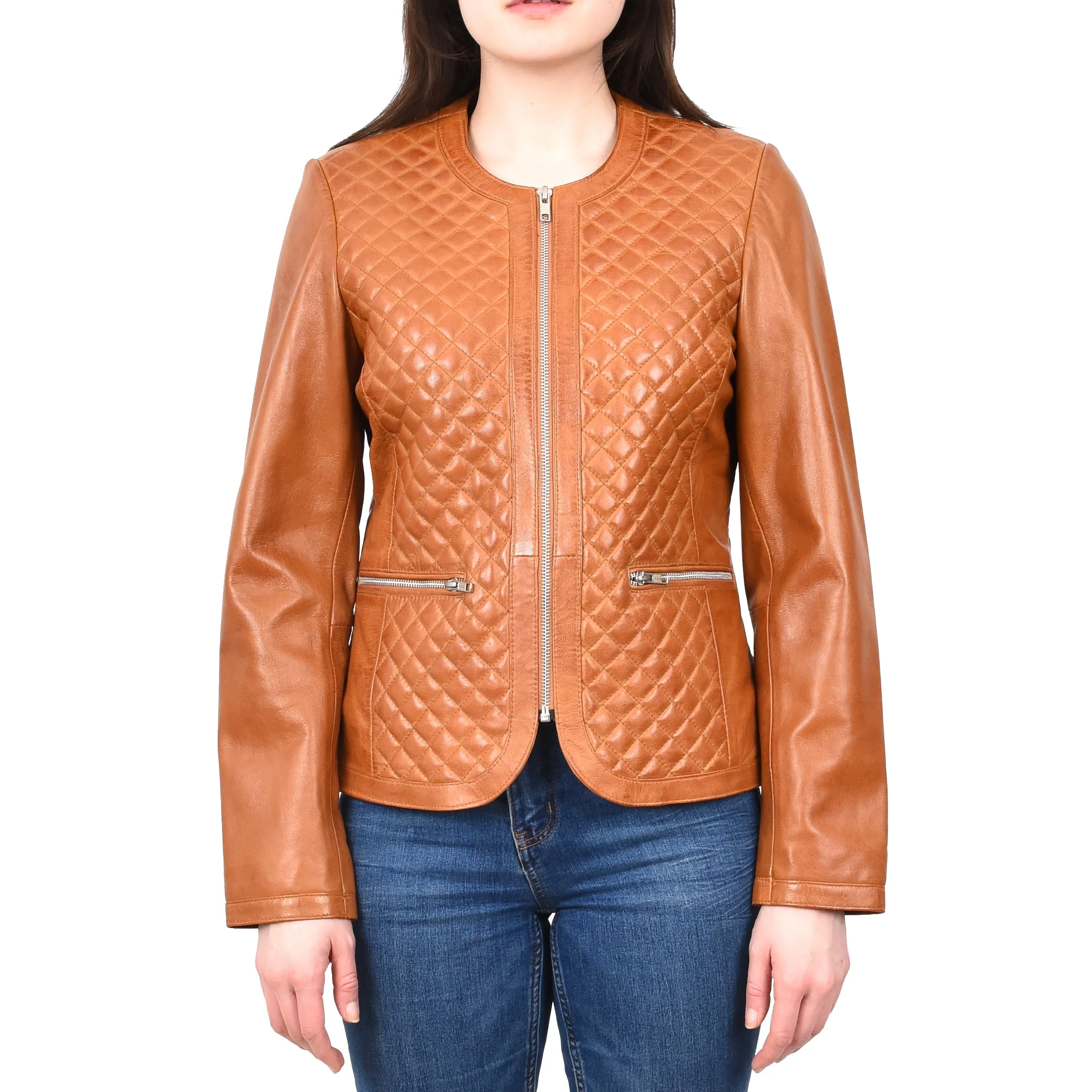 Women's Real Leather Smart Quilted Biker Style Jacket Tan Quiltara