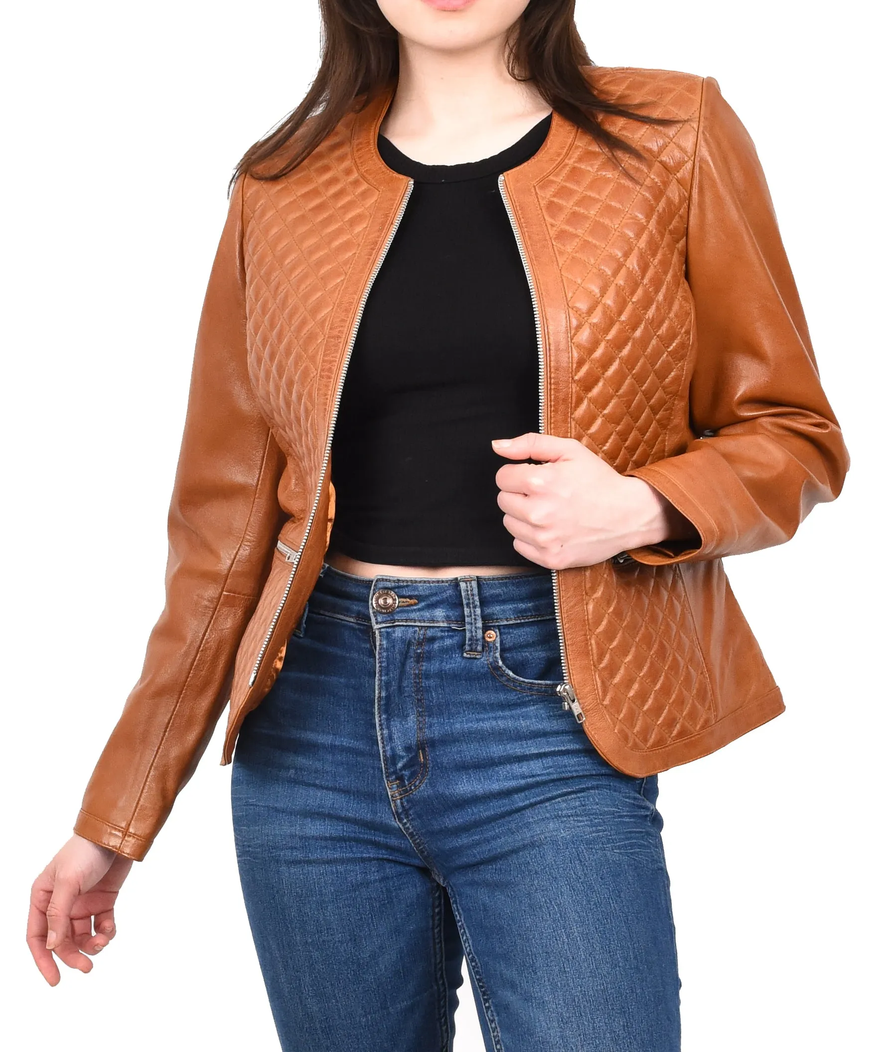 Women's Real Leather Smart Quilted Biker Style Jacket Tan Quiltara