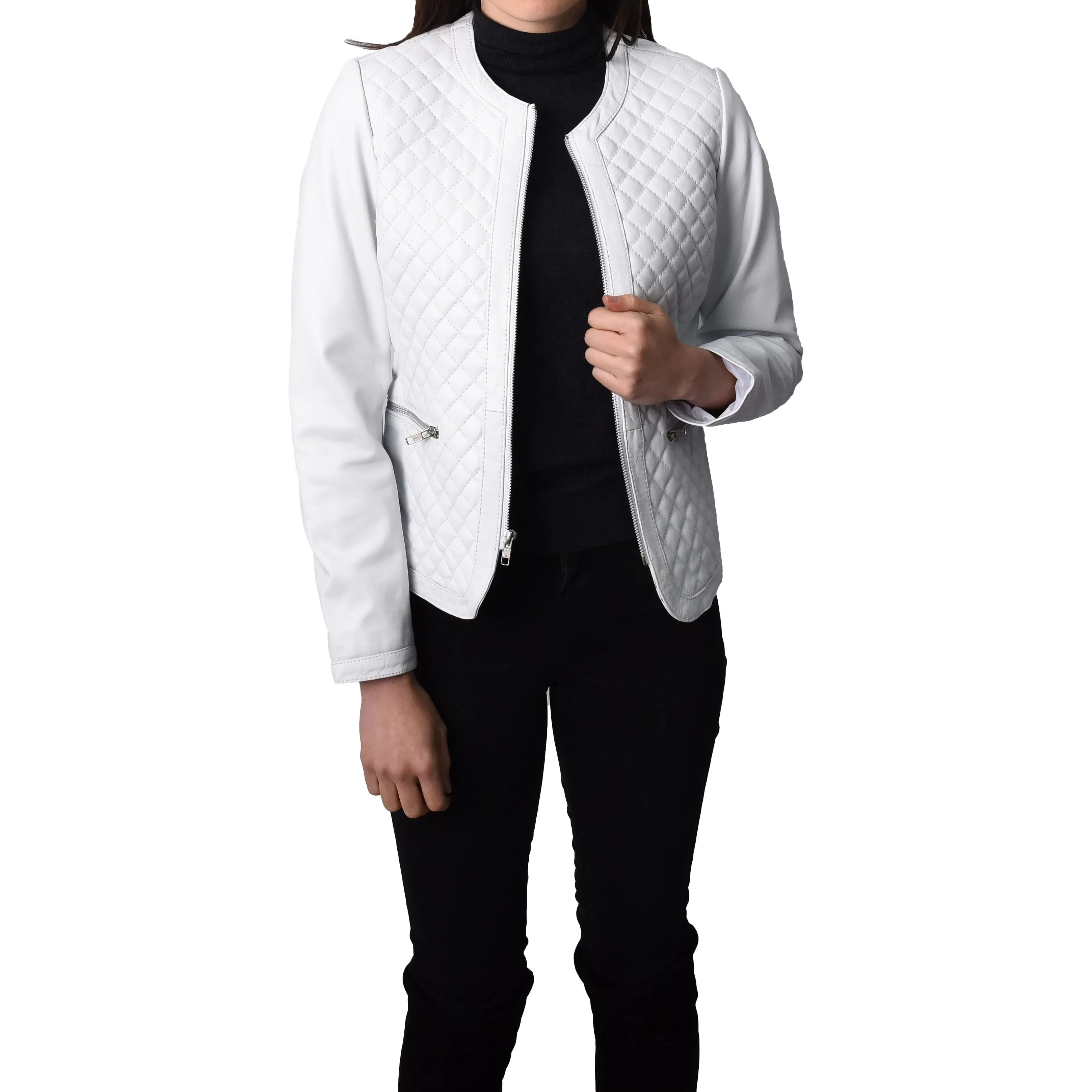 Women's Real Leather Smart Quilted Biker Style Jacket White Quiltara