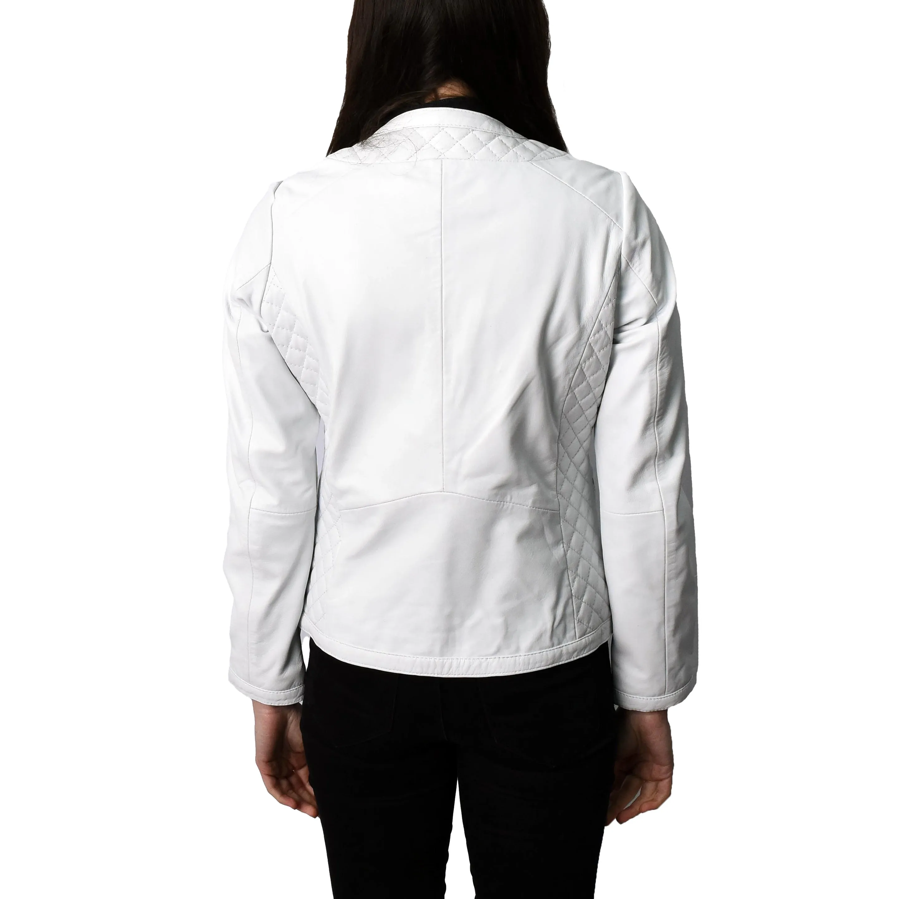 Women's Real Leather Smart Quilted Biker Style Jacket White Quiltara