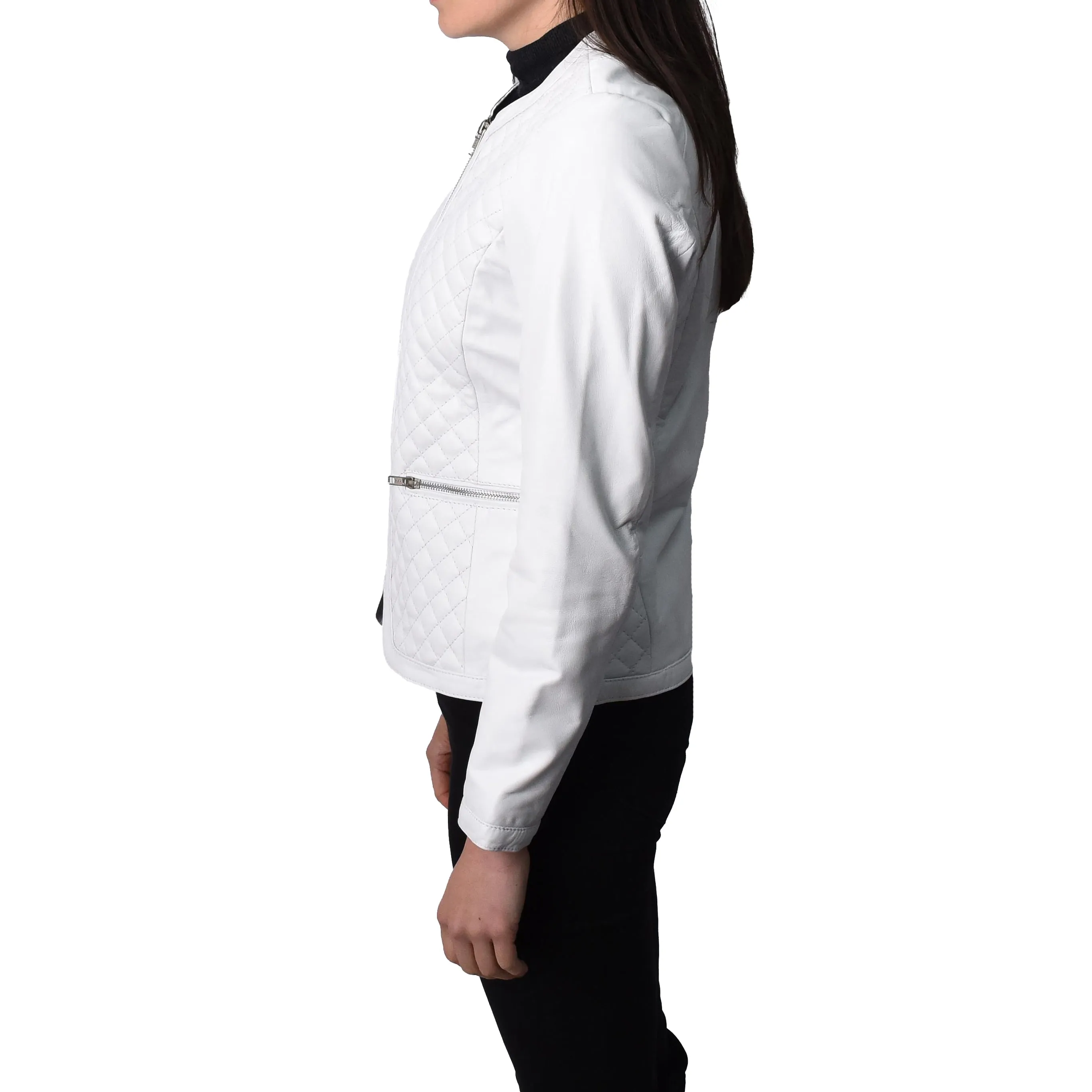 Women's Real Leather Smart Quilted Biker Style Jacket White Quiltara