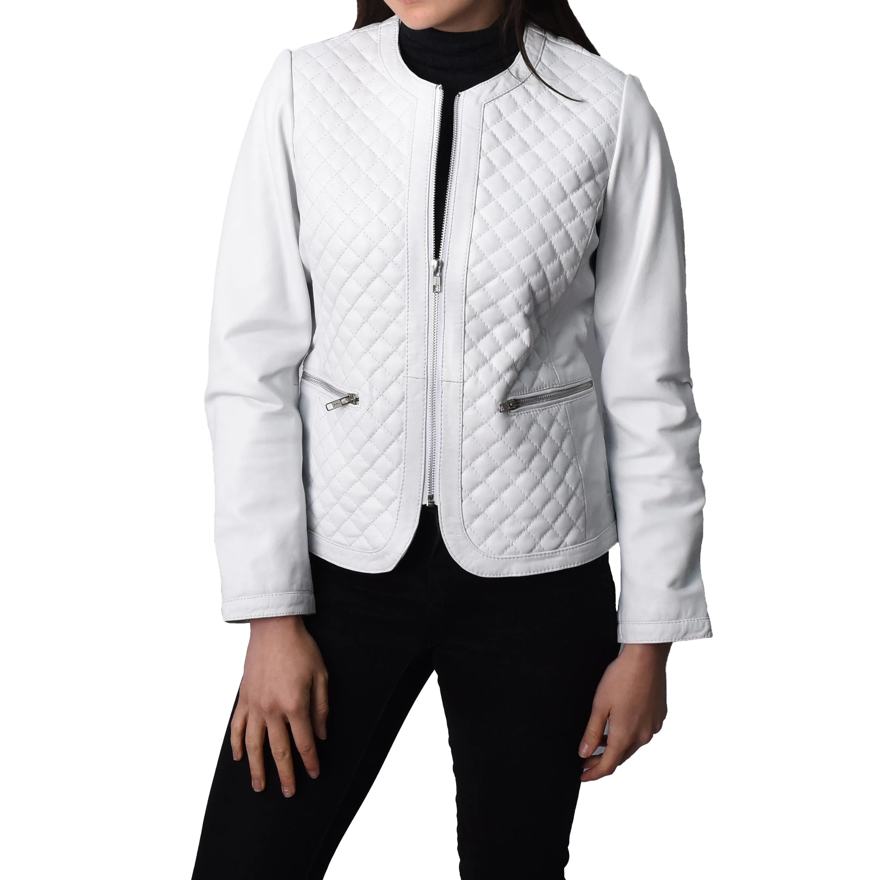 Women's Real Leather Smart Quilted Biker Style Jacket White Quiltara