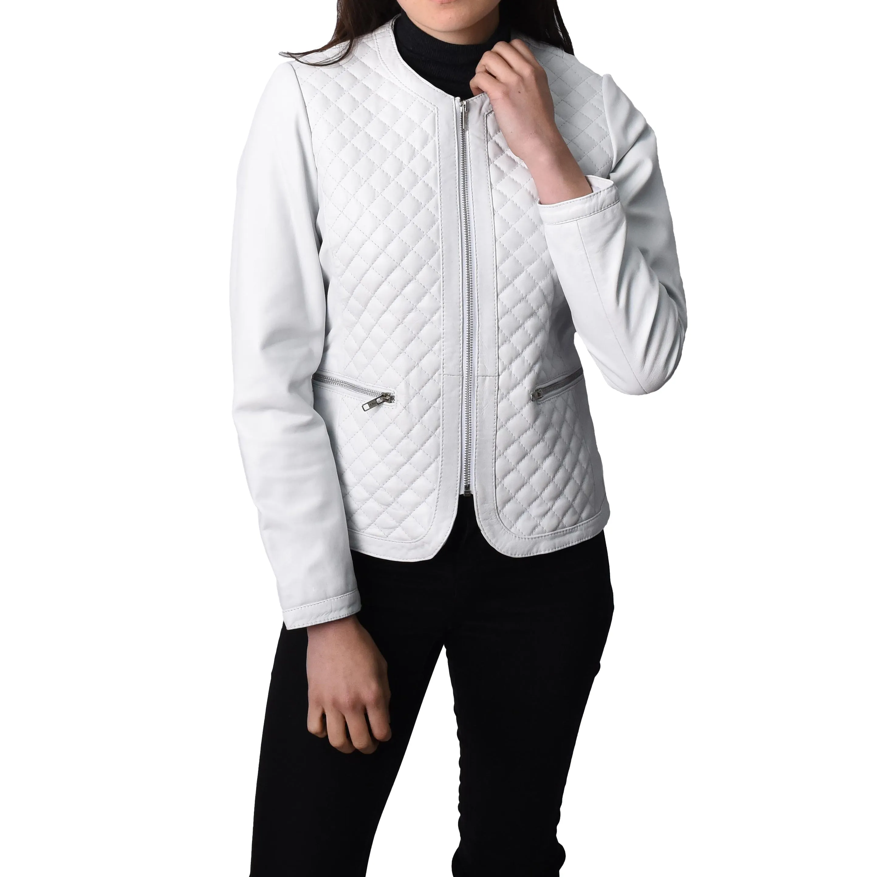 Women's Real Leather Smart Quilted Biker Style Jacket White Quiltara