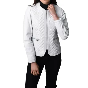 Women's Real Leather Smart Quilted Biker Style Jacket White Quiltara